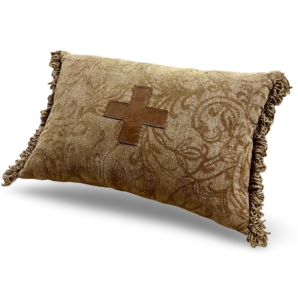 Soft Damask Chenille Decorative Pillow with Leather Cross and Fringe - Picture 7 of 8